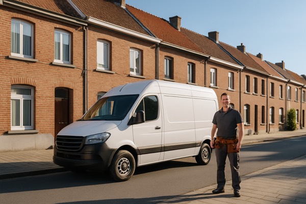 Servicewagen van de slotenmaker in een Vlaamse straat — Slotenmaker Louis