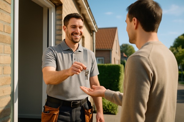 Slotenmaker overhandigt nieuwe sleutels aan de bewoner — Slotenmaker Louis